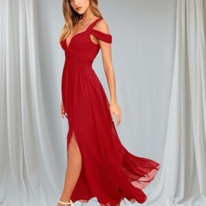 NWT Lulus Wine Red Maxi Dress Gown Oceans Of Elegance Empire Waist Slit Sz Sm